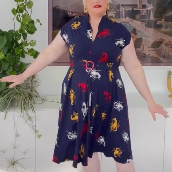 Trashy Diva Crawfish Zip Front Marie Rockabilly Pinup Dress & Belt Sz 24 - Picture 14 of 15